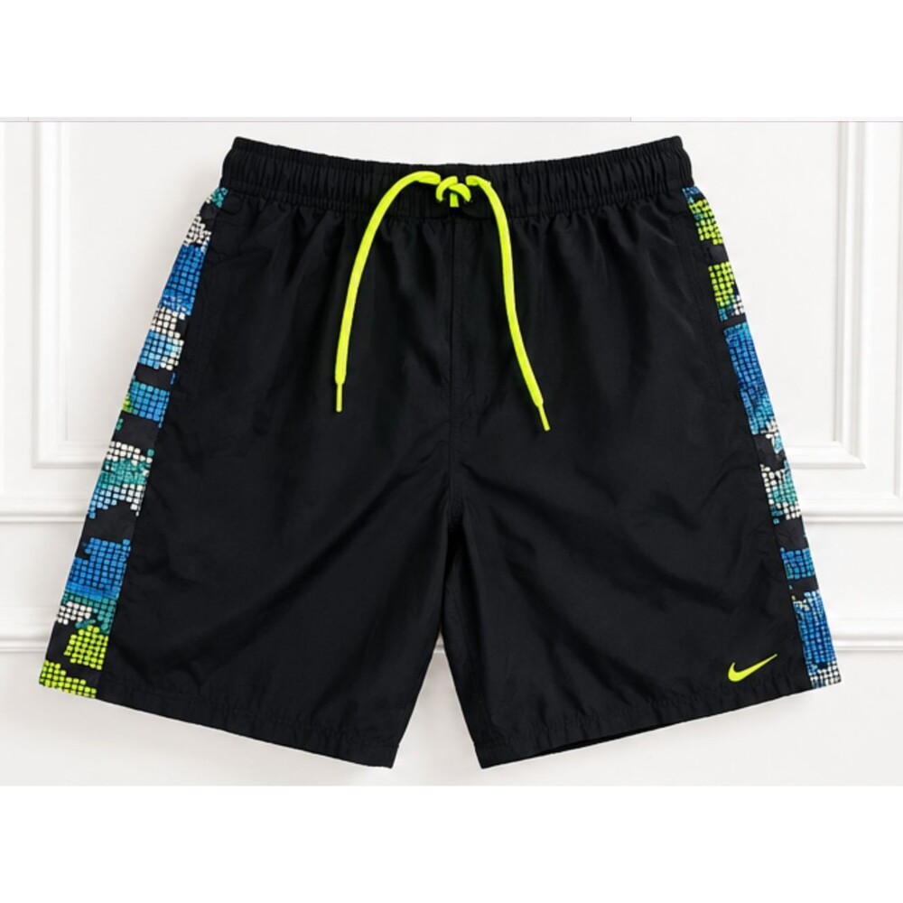 Nike Mens M Black Swim Trunks Green Drawstring Blue Pixel Print Board Shorts